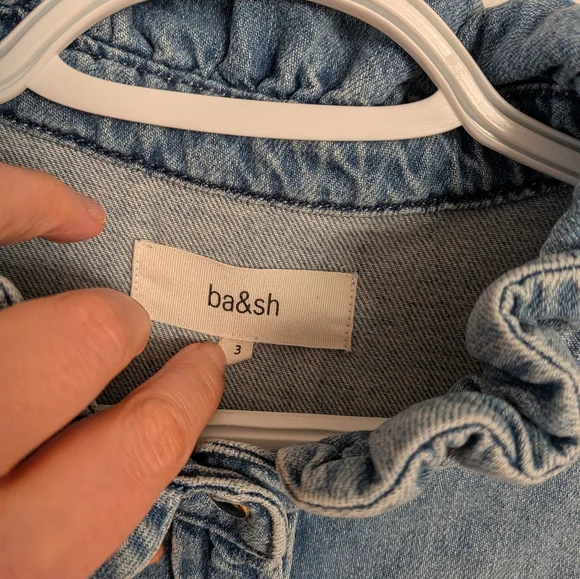 Ba&Sh Denim Shirt High Ruffle Collar Blue Size 3 - Picture 6 of 11